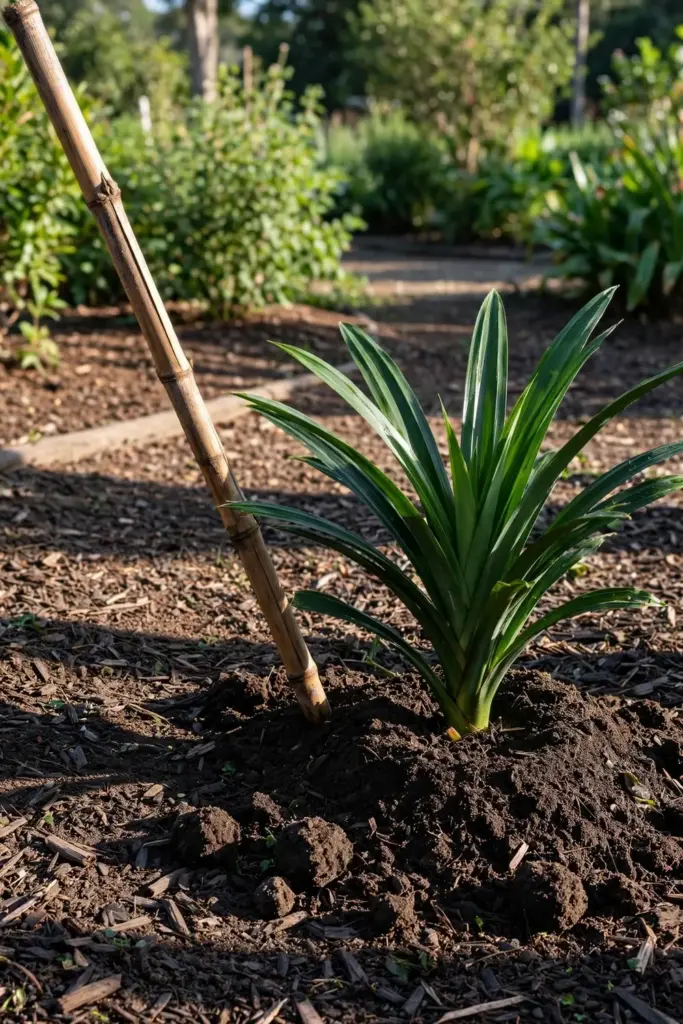 Young pandan plant newly set into a mulched garden bed