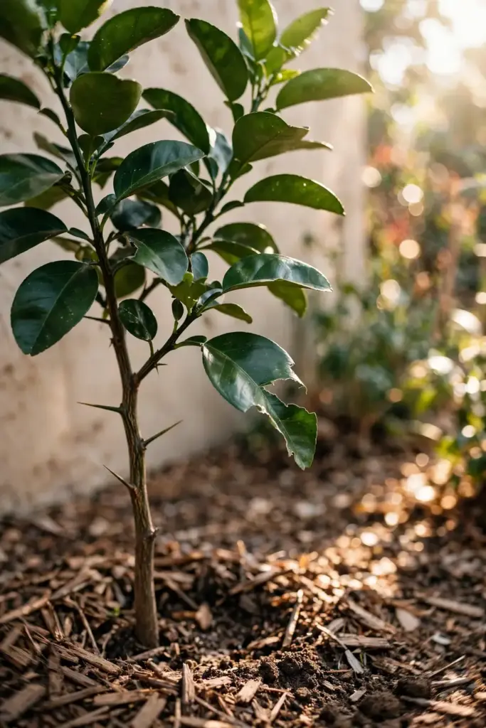 Young pomelo tree standing in a sunny sheltered garden bed