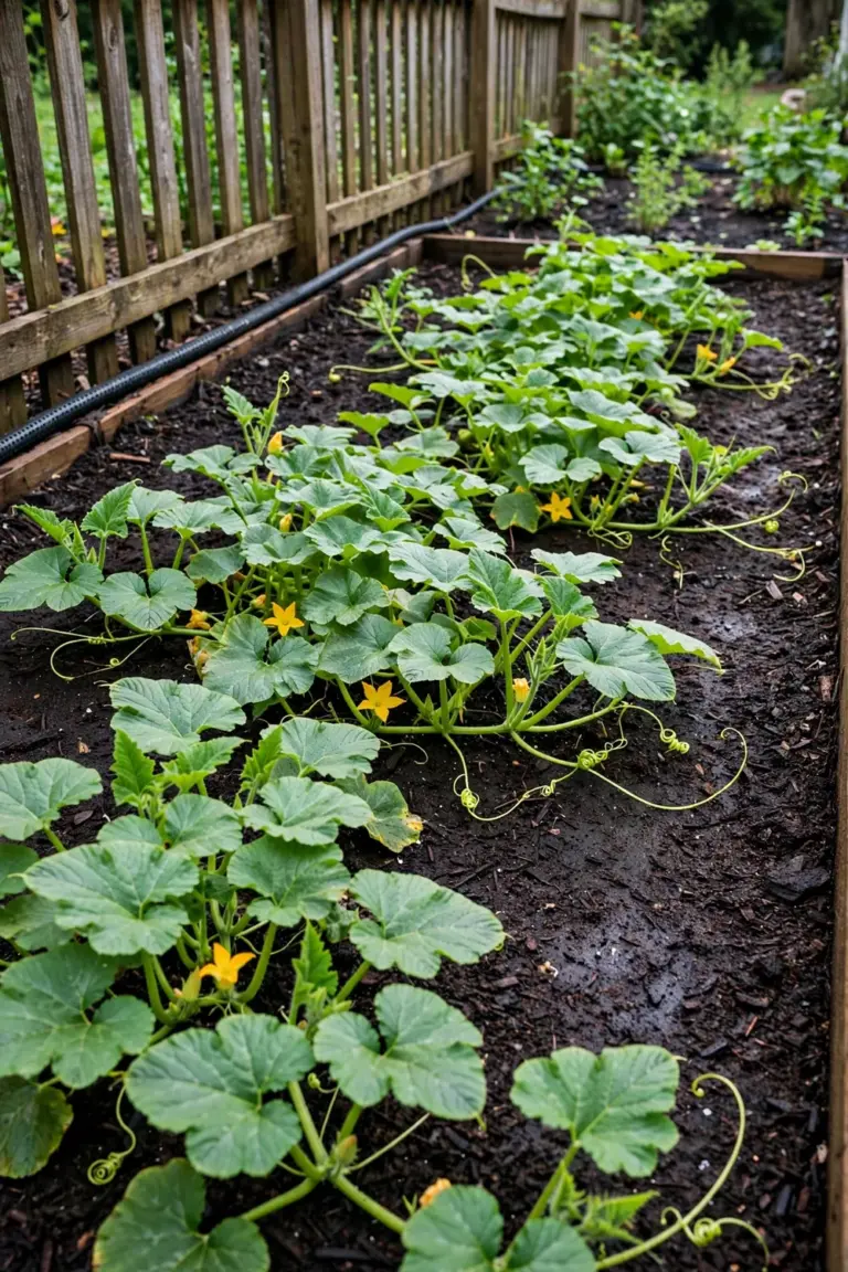 Young pumpkin vines with broad green leaves and yellow flowers growing in a mulched garden bed