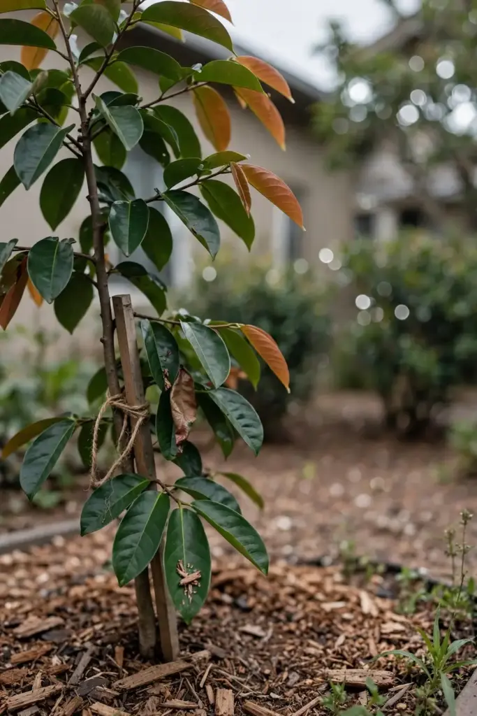 Young star apple tree in a tidy mulched bed in a home garden