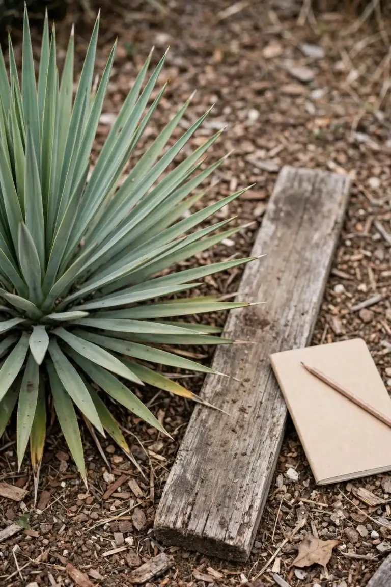 Yucca rosette photographed with a timber board for scale beside a notebook