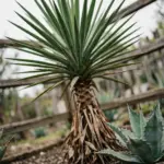 Spineless yucca with stiff sword leaves and a woody trunk beside an agave rosette in a garden bed