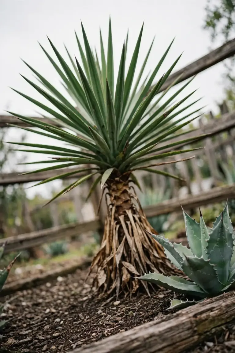 Spineless yucca with stiff sword leaves and a woody trunk beside an agave rosette in a garden bed