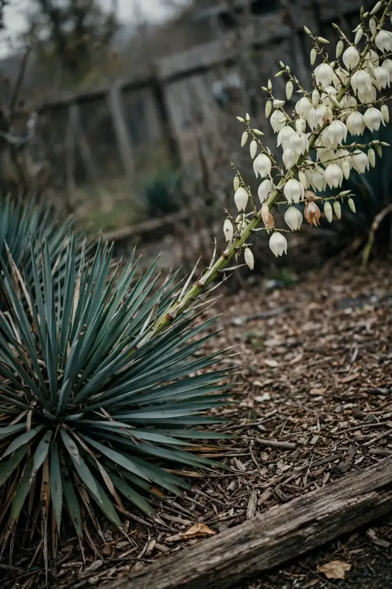 Yucca rosette with a tall white bell flower stalk against an evening garden