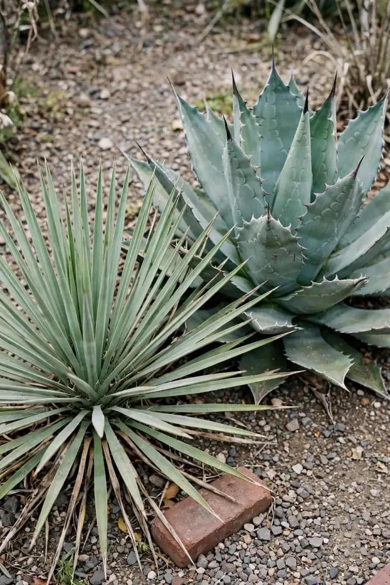 Yucca and agave rosettes side by side showing smooth margin against toothed margin