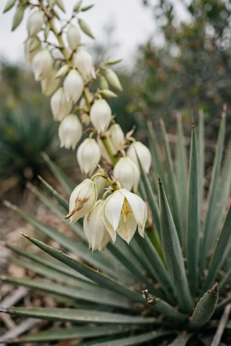 Tall panicle of white bell-shaped yucca flowers rising above a sword-leaf rosette
