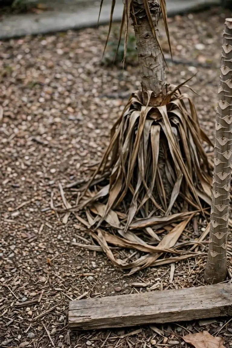 Yucca trunk with a skirt of dead leaves beside a dracaena bare cane with diamond scars
