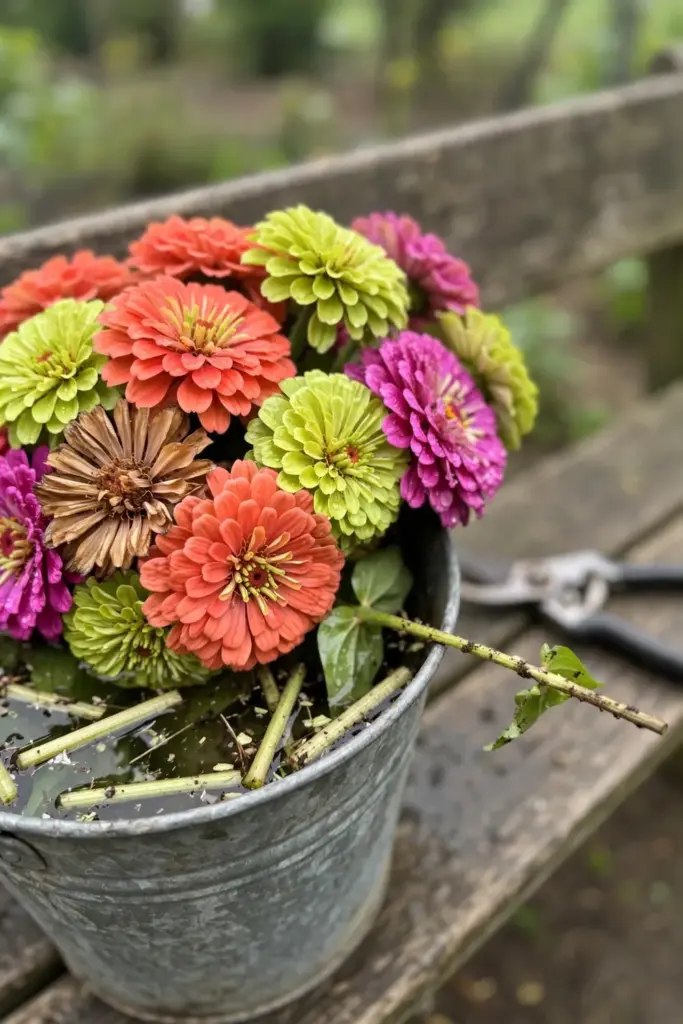 Galvanized bucket brimming with freshly cut zinnias in mixed colors