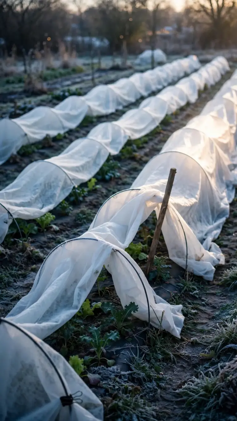 Garden beds under fabric row covers against an early frost