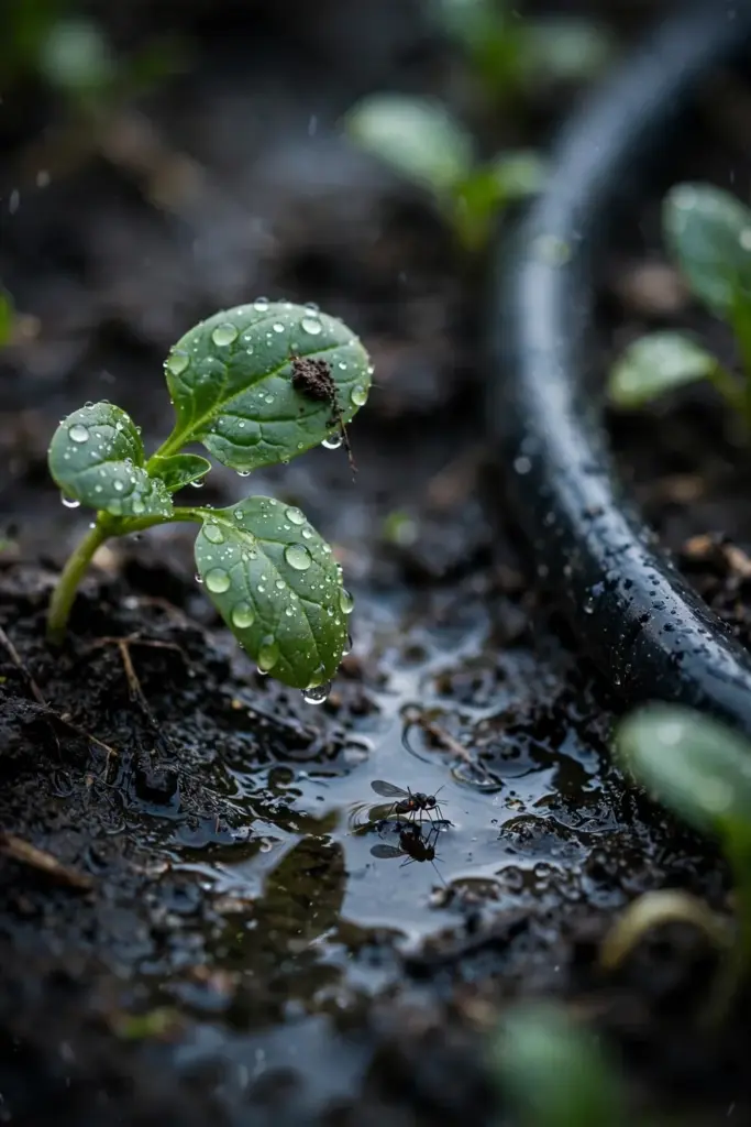 Water droplets on young fall seedlings in moist dark soil