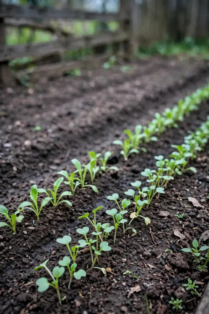 Young fall vegetable seedlings in straight rows in dark garden soil