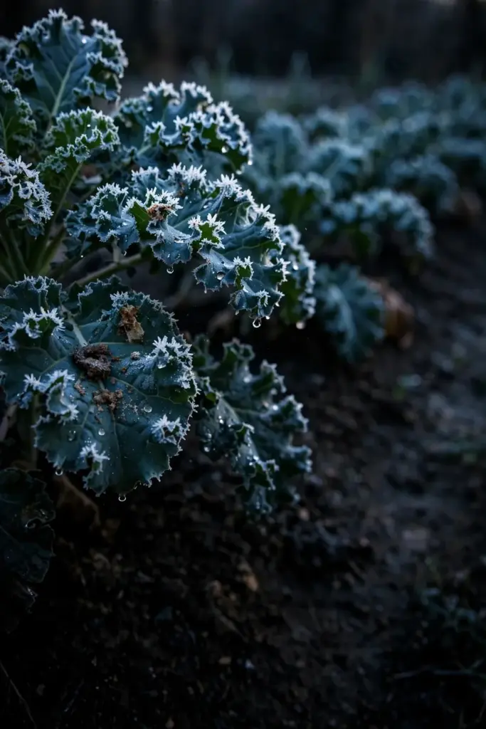 Light frost crystals on kale leaves at dawn in a zone 6 garden
