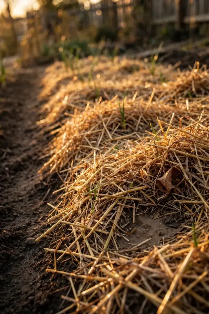 Newly planted garlic bed covered with straw mulch in fall