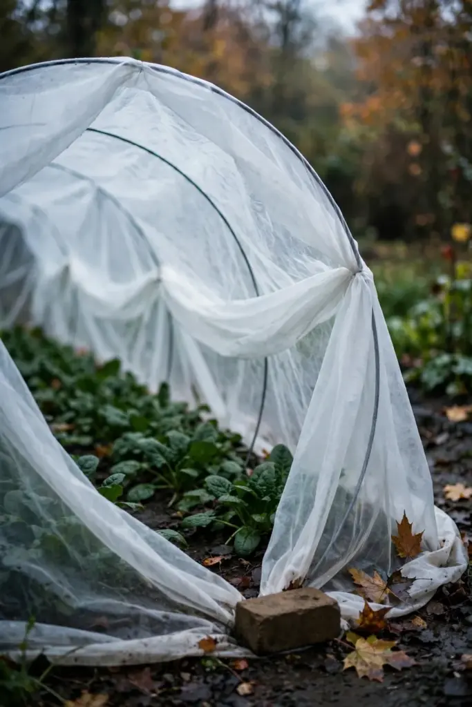 Low tunnel with white row cover protecting fall greens in zone 6