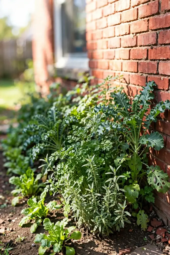 Fall vegetable bed thriving against a warm south-facing brick wall