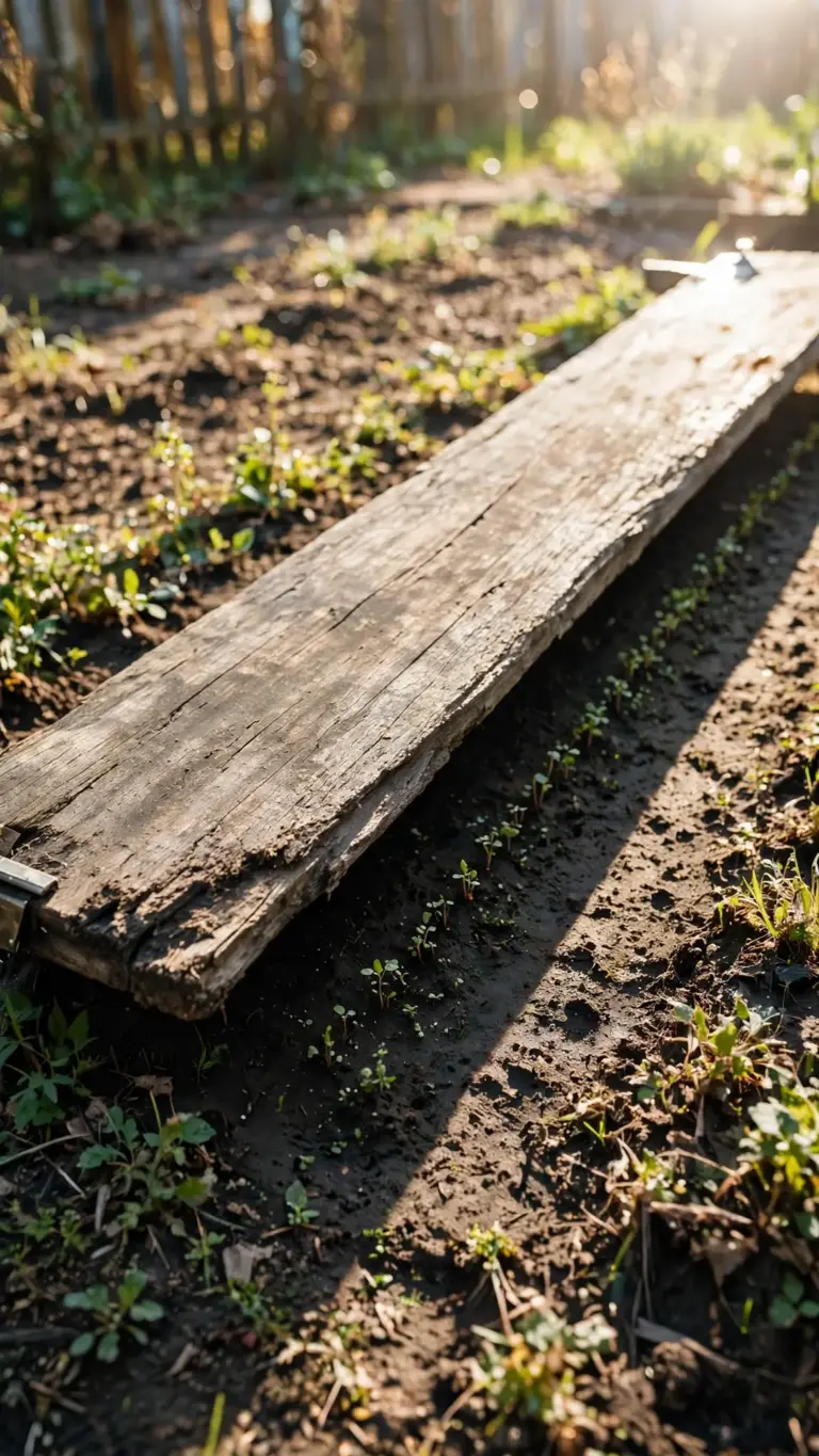 September bed with a wooden board shading a newly sown row