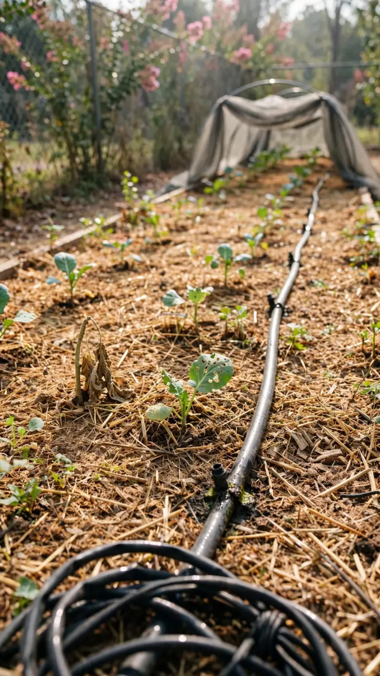 Long fall bed in zone 8 with a drip line and young brassica transplants