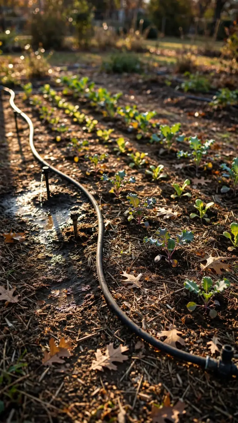 October garden bed with drip lines watering fall transplants