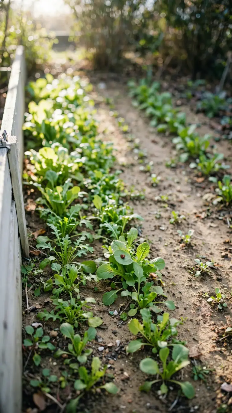 November planting bed with young greens under mild sunny skies