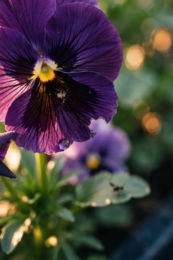 Purple pansy bloom with dewdrop in a zone 9 fall garden