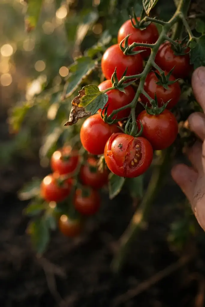 Hand cradling ripe cherry tomatoes on the vine in a fall zone 9 garden