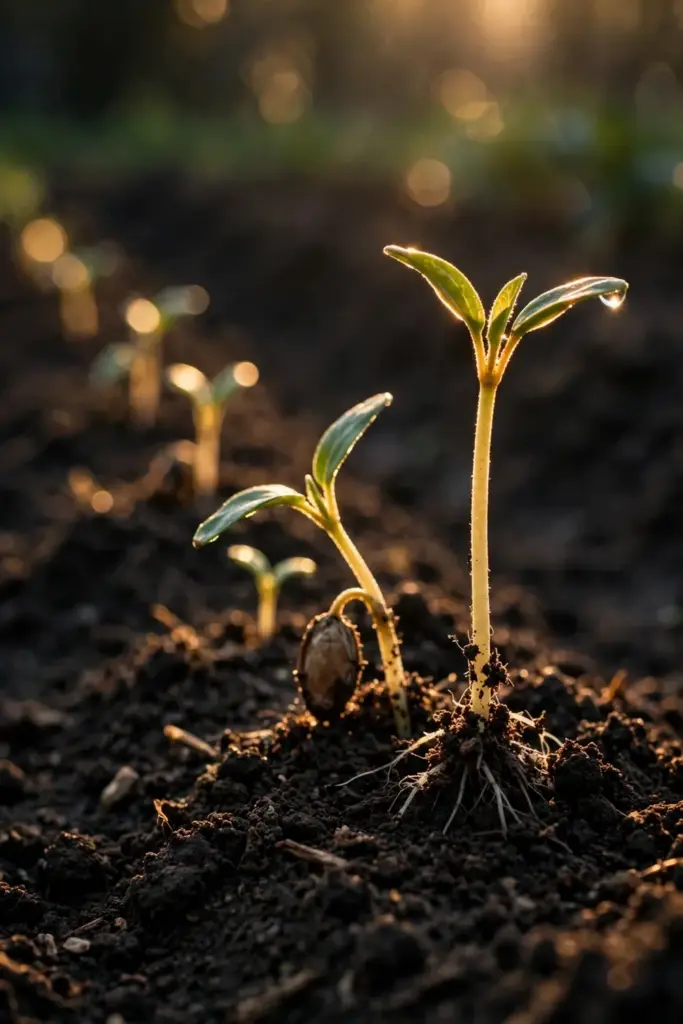 Fall vegetable seedlings at successive growth stages in dark zone 9 soil