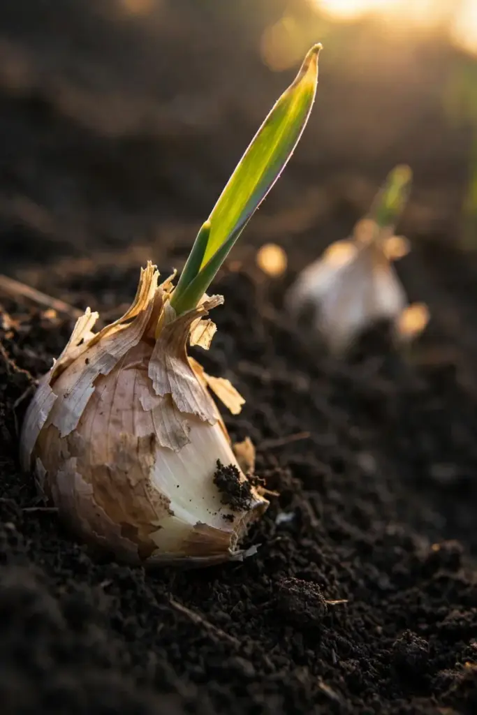 Garlic clove sprouting green shoot in dark garden soil