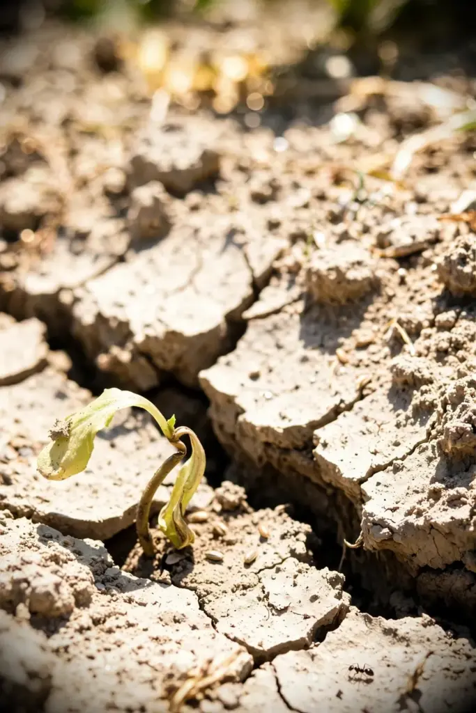 Dry cracked September soil with a struggling lettuce seedling in a zone 9 bed