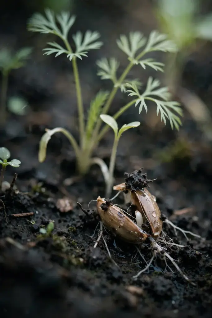 Carrot and lettuce seedlings emerging in moist October soil