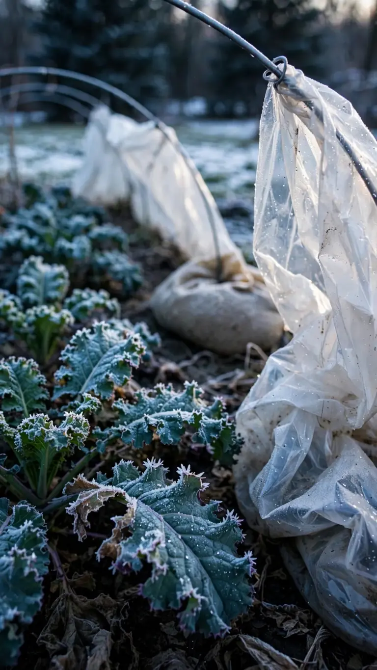 Northern fall bed with a low tunnel hoop and frost-touched kale