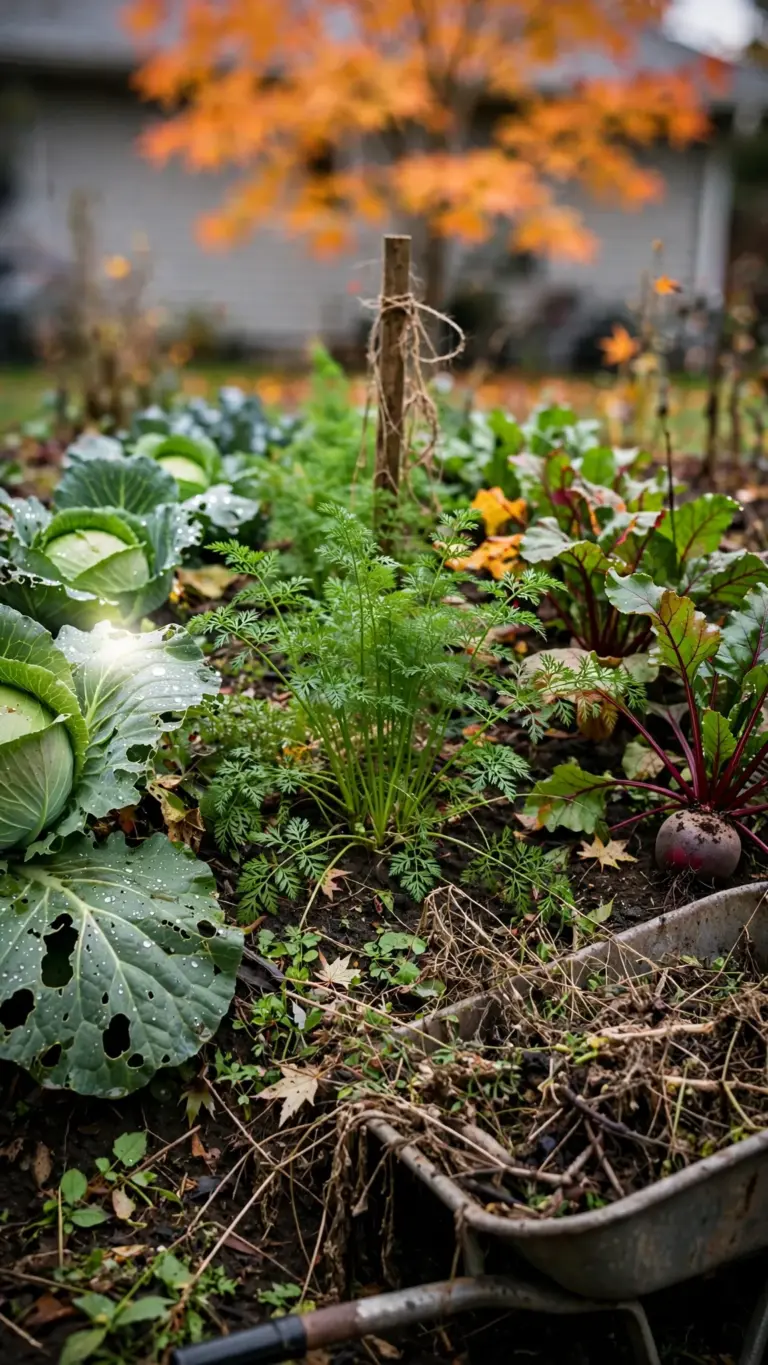 Wide fall vegetable bed with brassicas, carrots, and beets in rows