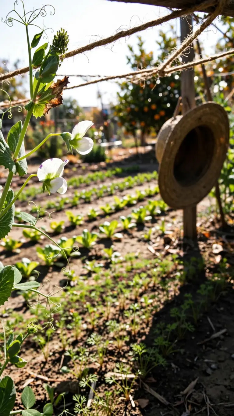 Sunny fall bed in a warm zone with peas climbing and fresh green rows