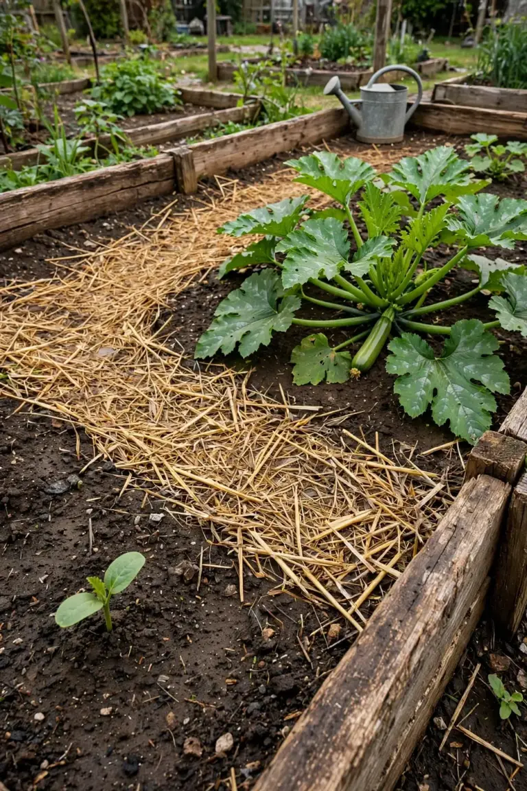 Vegetable bed with zucchini plants at mixed growth stages