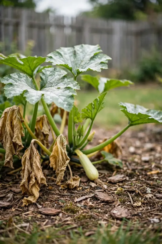 Zucchini canopy with yellowing papery leaves from powdery mildew beside a small fruit
