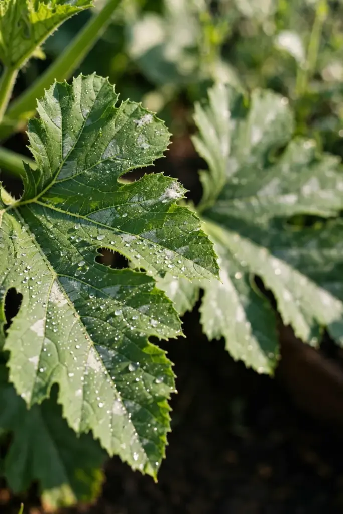 Zucchini leaf beaded with fine spray droplets on a sunny morning