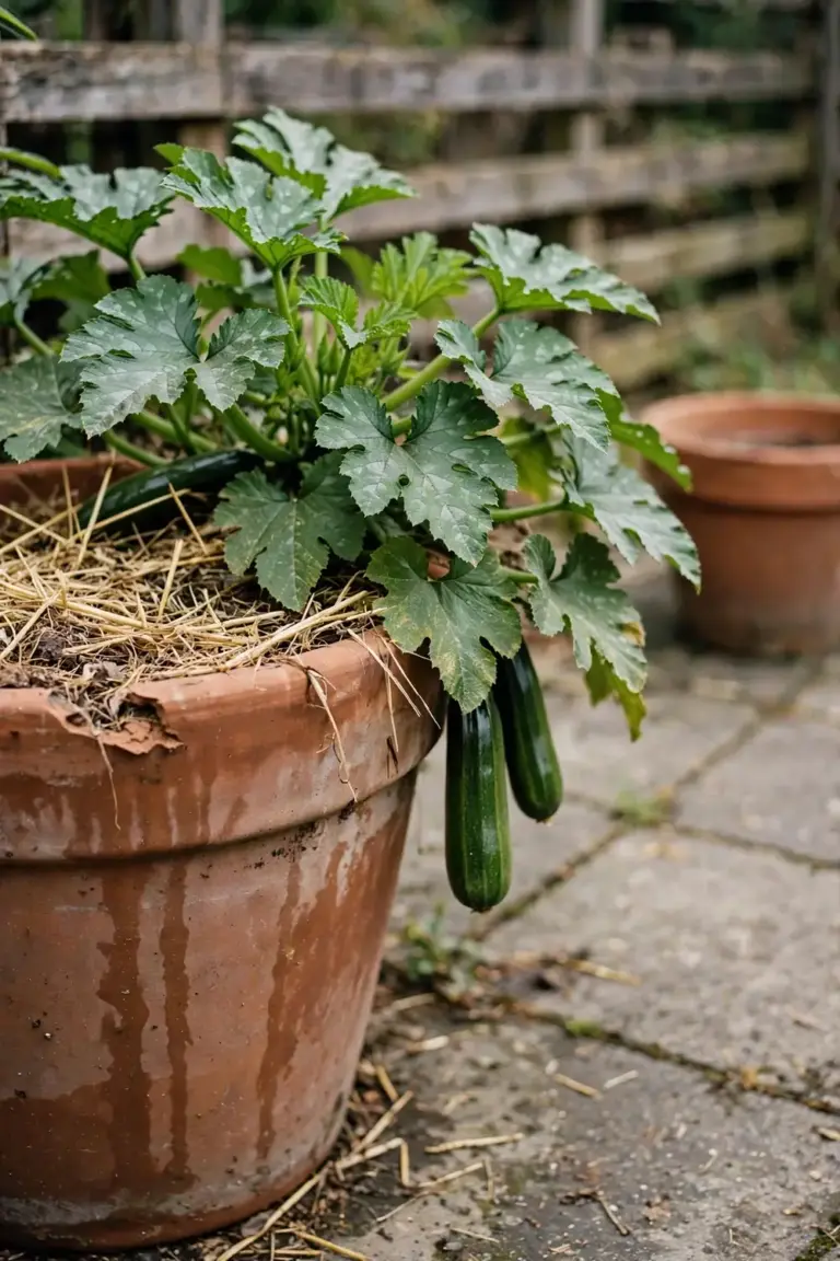 Zucchini plant growing in a large terracotta pot on a paved patio
