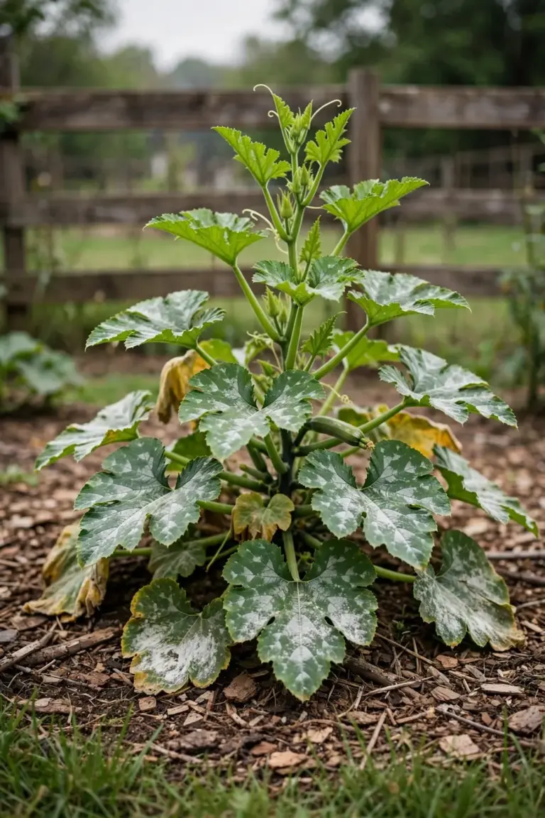 Zucchini vine with white powdery mildew on lower leaves and healthy green growth above