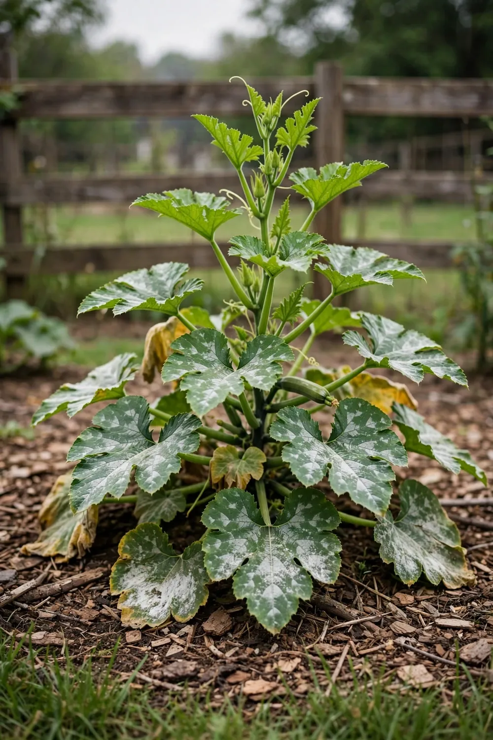 Zucchini vine with white powdery mildew on lower leaves and healthy green growth above