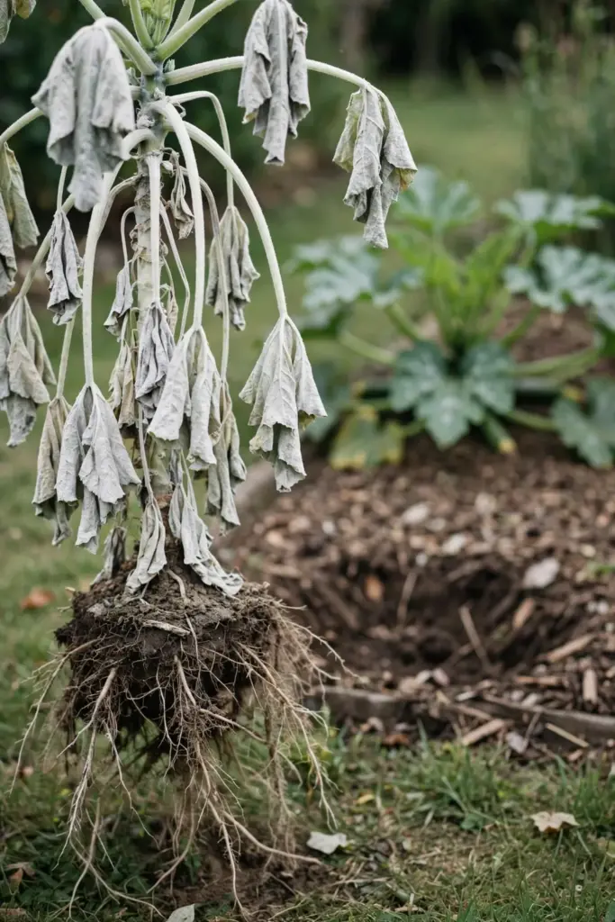 Mostly white zucchini plant lifted from the bed with roots exposed