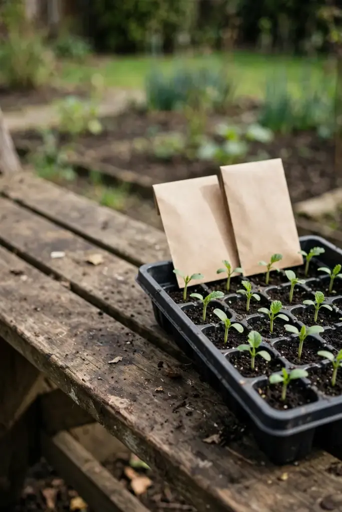 Zucchini seed packets beside young seedlings in a tray on a bench