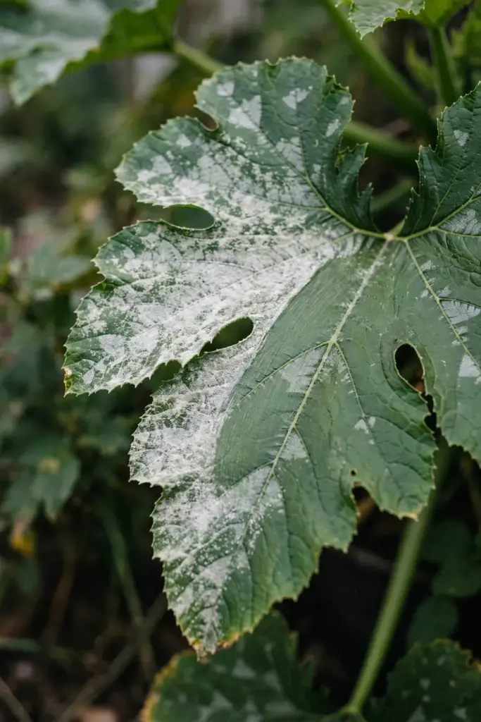 Zucchini leaf with white powdery patch half wiped away showing a clean smear line