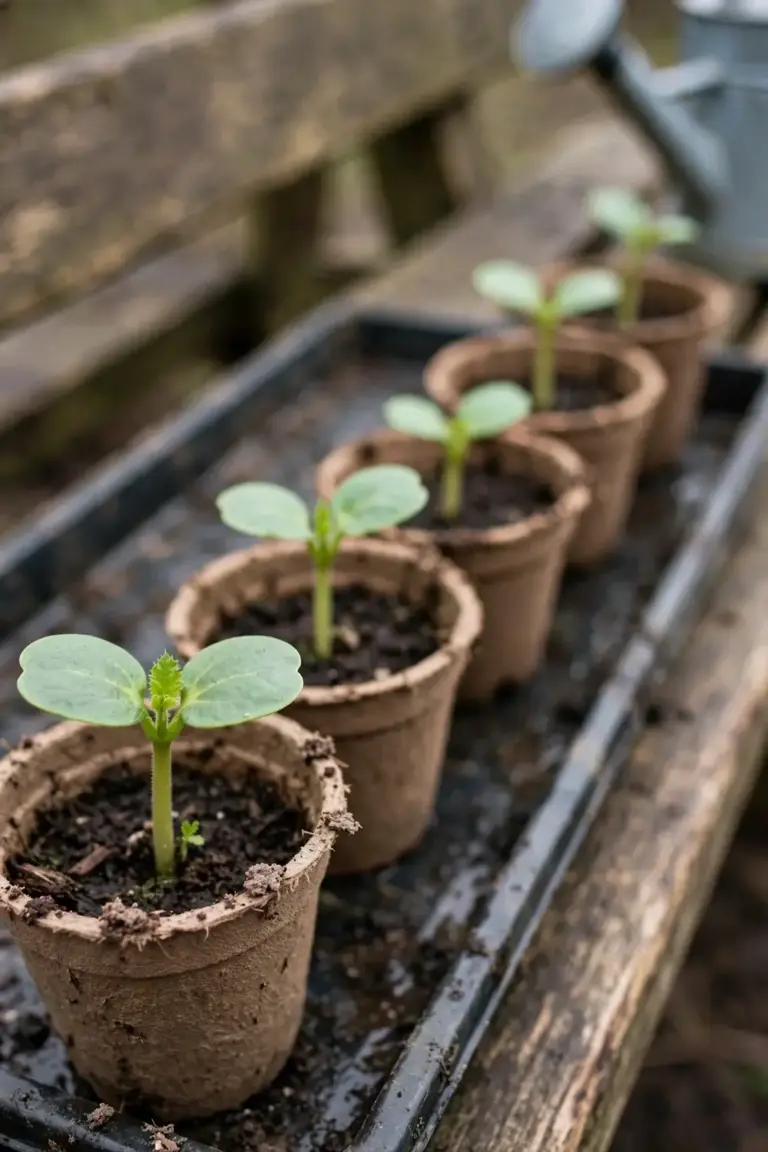Zucchini seedlings in biodegradable pots on a tray