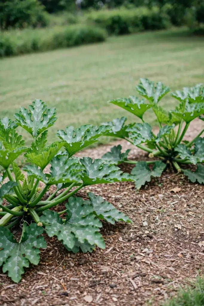 Spaced zucchini plants with open canopy and clear ground between them