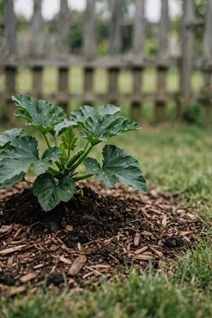 Zucchini plant with firm dark green leaves and a small fruit in rich soil
