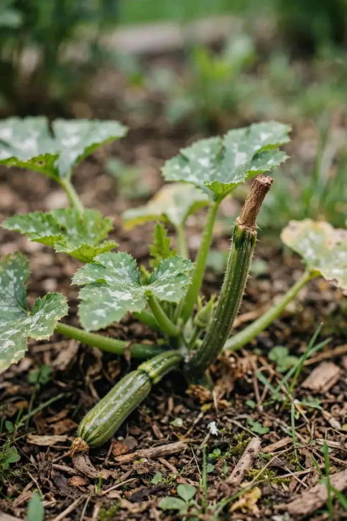 Zucchini plant with a cut petiole stub where a badly mildewed leaf was removed