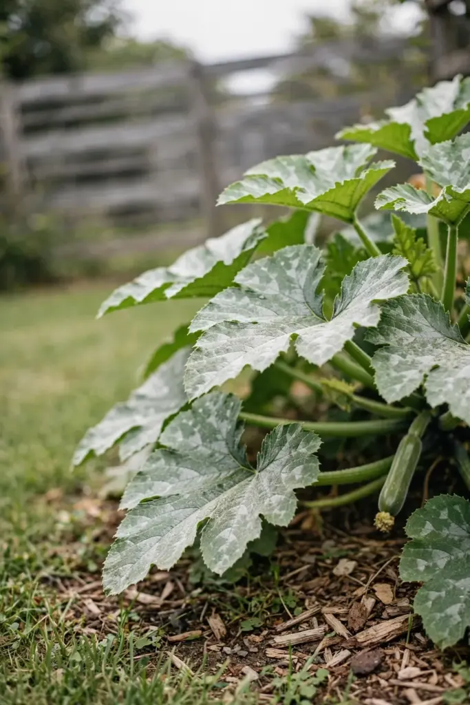 Zucchini canopy with a fine protective coating on leaves under bright daylight
