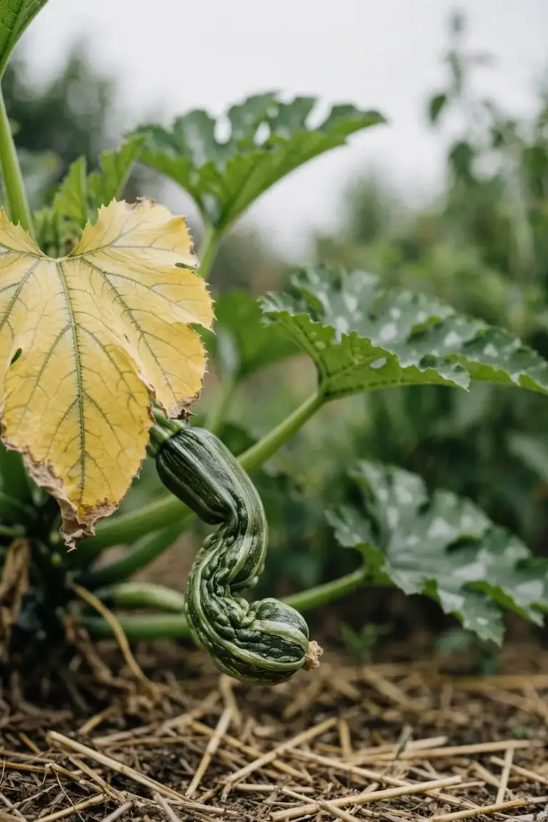 Zucchini plant with a yellowing leaf and a bent misshapen fruit