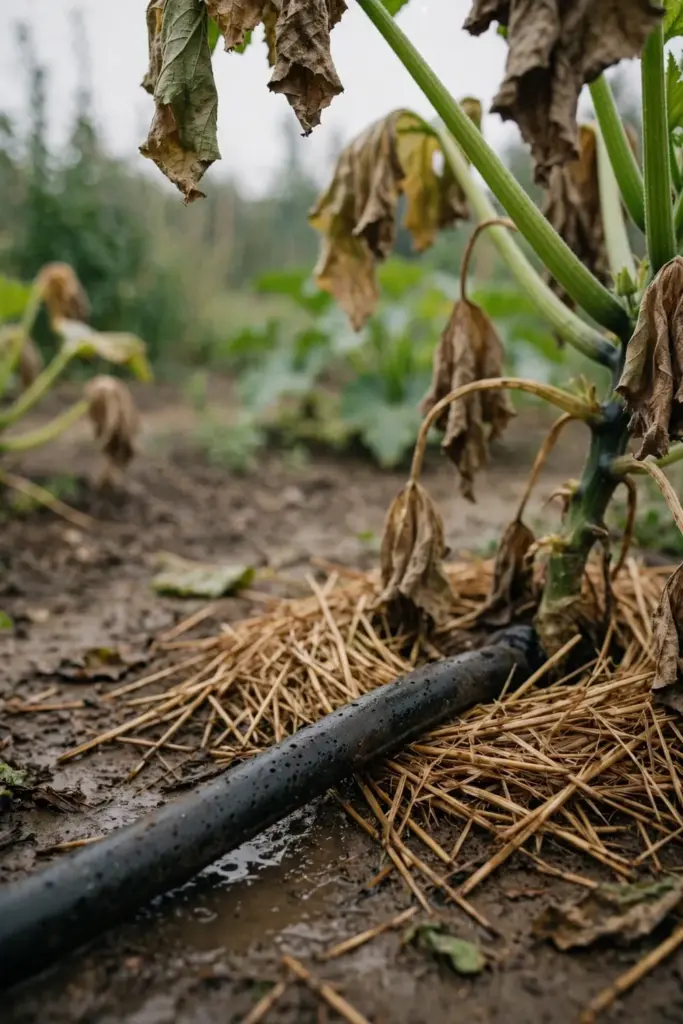 Soaker hose at the base of a zucchini plant with mulch and dry leaves