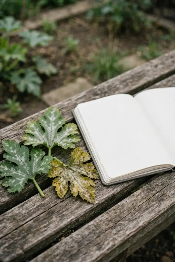 Notebook with blank pages beside zucchini leaves on a timber bench