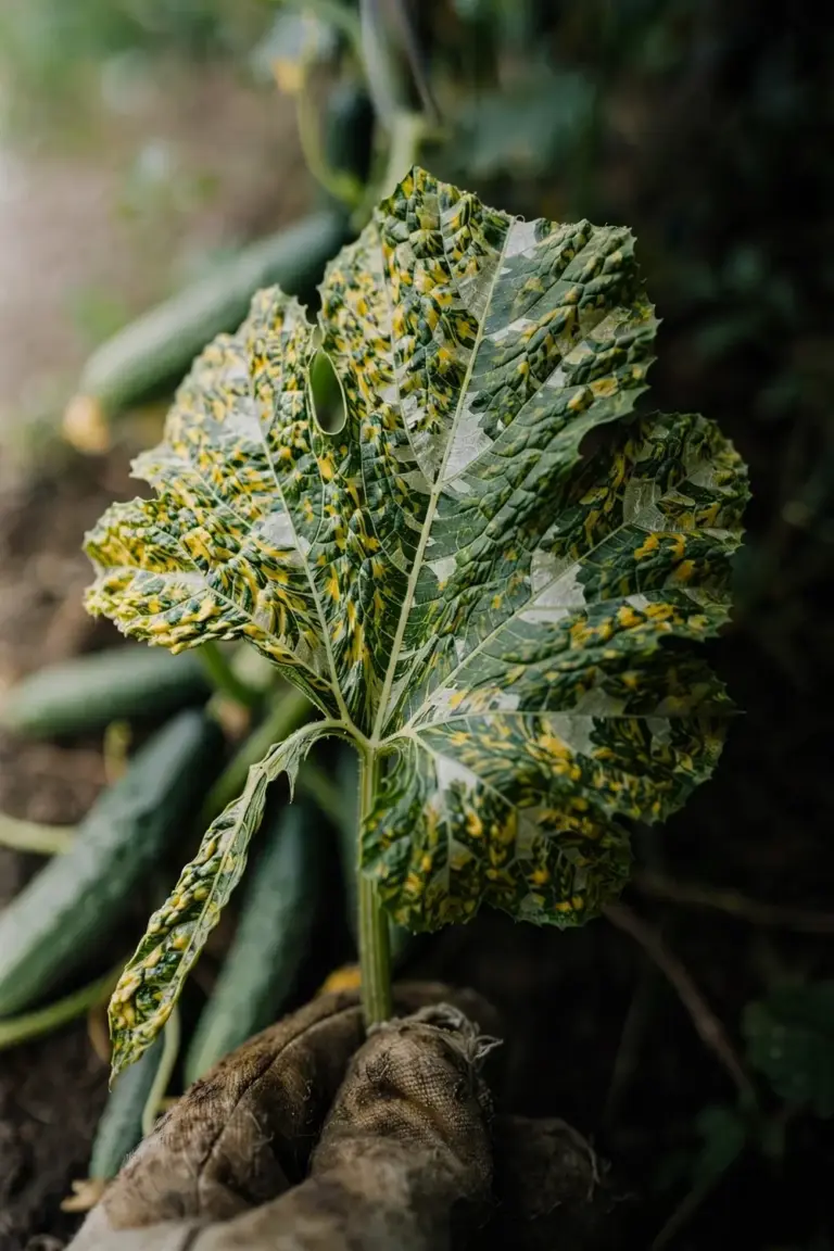 Mosaic zucchini leaf with yellow patches, steadied by a worn garden mitt